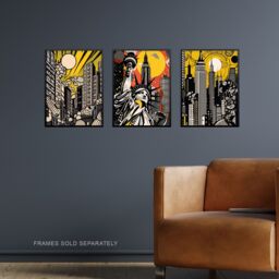 Artery8 Set of 3 New York City Pop Art Cityscape Artwork Yellow Orange Statue of Liberty Skyscrapers Sunrise Unframed Wall Art Living Room Poster - thumbnail 2