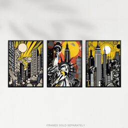 Artery8 Set of 3 New York City Pop Art Cityscape Artwork Yellow Orange Statue of Liberty Skyscrapers Sunrise Unframed Wall Art Living Room Poster - thumbnail 5