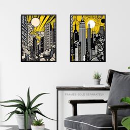 Artery8 Set of 3 New York City Pop Art Cityscape Artwork Yellow Orange Statue of Liberty Skyscrapers Sunrise Unframed Wall Art Living Room Poster - thumbnail 6