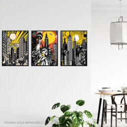 Artery8 Set of 3 New York City Pop Art Cityscape Artwork Yellow Orange Statue of Liberty Skyscrapers Sunrise Unframed Wall Art Living Room Poster - thumbnail 3