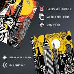 Artery8 Set of 3 New York City Pop Art Cityscape Artwork Yellow Orange Statue of Liberty Skyscrapers Sunrise Unframed Wall Art Living Room Poster - thumbnail 4