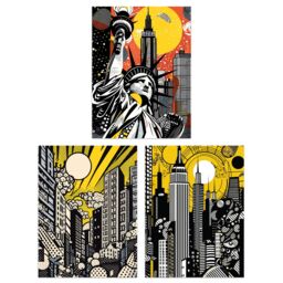 Artery8 Set of 3 New York City Pop Art Cityscape Artwork Yellow Orange Statue of Liberty Skyscrapers Sunrise Unframed Wall Art Living Room Poster - thumbnail 1