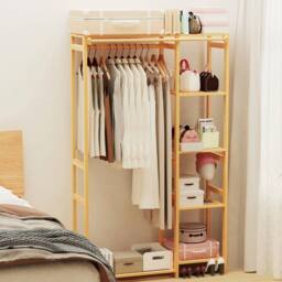 NESTLUNE Bamboo Garment Rack Coat Stand Open Wardrobe in Brown - Size: 100 cm x 15 cm - thumbnail 5