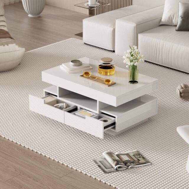 Merax 80cm Rectangular High-Gloss Coffee Table with LED Lights & 4 Drawers in White - image 1