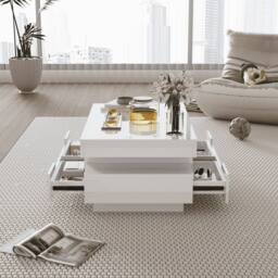Merax 80cm Rectangular High-Gloss Coffee Table with LED Lights & 4 Drawers in White - thumbnail 3