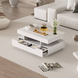 Merax 80cm Rectangular High-Gloss Coffee Table with LED Lights & 4 Drawers in White - thumbnail 1