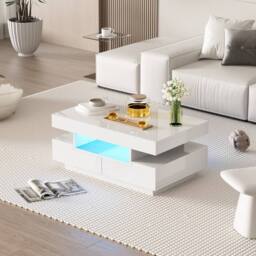 Merax 80cm Rectangular High-Gloss Coffee Table with LED Lights & 4 Drawers in White - thumbnail 5