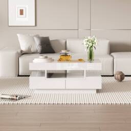 Merax 80cm Rectangular High-Gloss Coffee Table with LED Lights & 4 Drawers in White - thumbnail 4