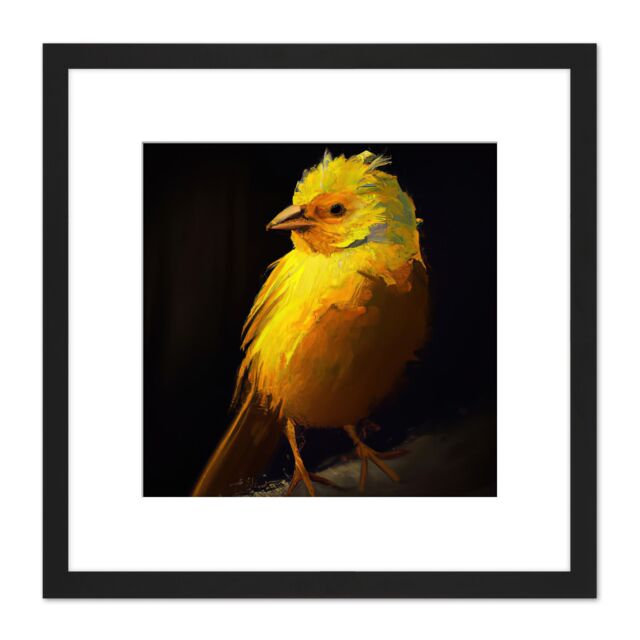 Artery8 Yellow Canary on Black Oil Painting Portrait Plump Songbird Square Wooden Framed Wall Art Print Picture 8X8 Inch - image 1