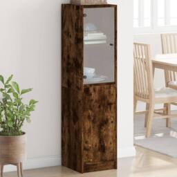 Berkfield Home Highboard with Glass Door Smoked Oak 35x37x142 cm in Brown - Size: 35 x 37 x 142 cm - thumbnail 1