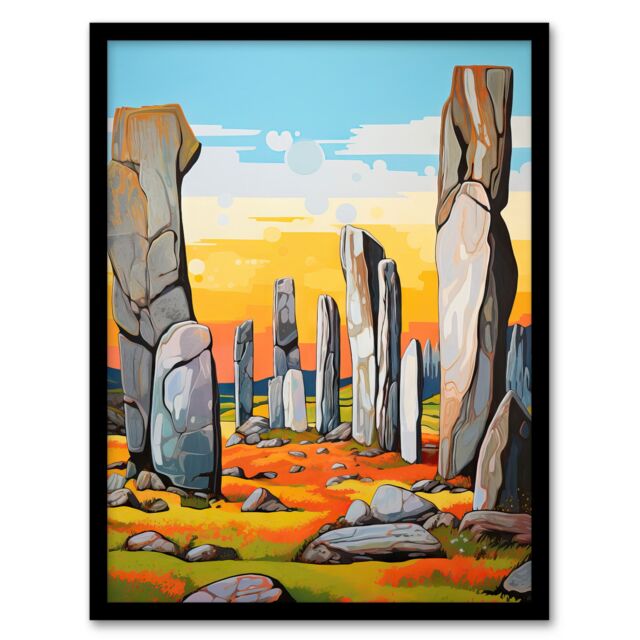 "Artery8 Wall Art Print Callanish Standing Stones Vibrant Artwork Ancient Stone Circle Isle Of Lewis Scotland Art Framed in Black - Size: W12"" x H16""" - image 1