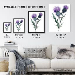 Artery8 Two Scottish Thistle Flower Blooms Watercolour Framed Art Print in Purple - Size: A4 - thumbnail 3