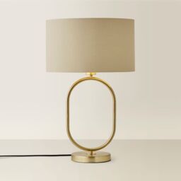 ValueLights Antonia Fabric with Gold Drum Shade Brushed Gold Oval Table Lamp with LED Bulb in Beige - thumbnail 3