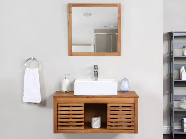 Vente-unique Acacia Wood Wall-Hung Bathroom Unit With Single Basin & Mirror - 90 in Walnut - image 1