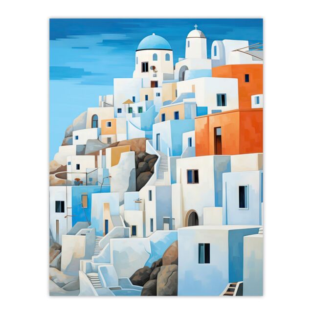 Artery8 Santorini Greece Watercolour Painting Whitewashed Buildings Of Greek Island In Aegean Sea Large Wall Unframed Art Poster Print Thick Paper - image 1