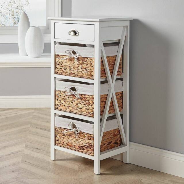 FORGEVIO Cabinet 1 Drawer & 3 Woven Baskets Lined Fabric Hallway White - image 1