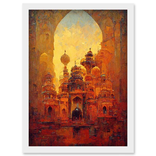 Artery8 Visions Of Petra Arabic Cityscape Oil Artwork Framed Wall Art Print A4 in White - image 1