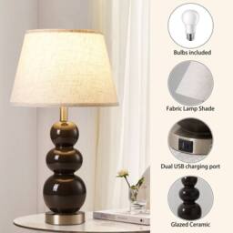 Garwarm 2pcs 62.4cm Grey Ceramic Table Lamp With USB Ports & Bulb Included in Black - thumbnail 6