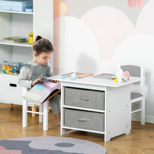 HOMCOM 3 Pcs Kids Table & Chairs Set Furniture with Storage Drawers for 2-4 Years old in White