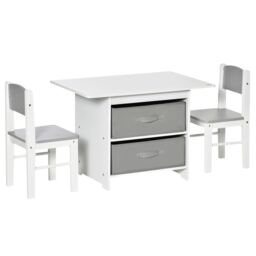 HOMCOM 3 Pcs Kids Table & Chairs Set Furniture with Storage Drawers for 2-4 Years old in White - thumbnail 2