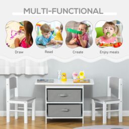HOMCOM 3 Pcs Kids Table & Chairs Set Furniture with Storage Drawers for 2-4 Years old in White - thumbnail 4