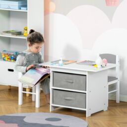 HOMCOM 3 Pcs Kids Table & Chairs Set Furniture with Storage Drawers for 2-4 Years old in White - thumbnail 1