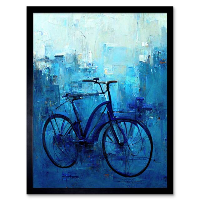 "Artery8 Wall Art Print Single Blue Bicycle Modern Art Framed in Black - Size: W12"" x H16""" - image 1