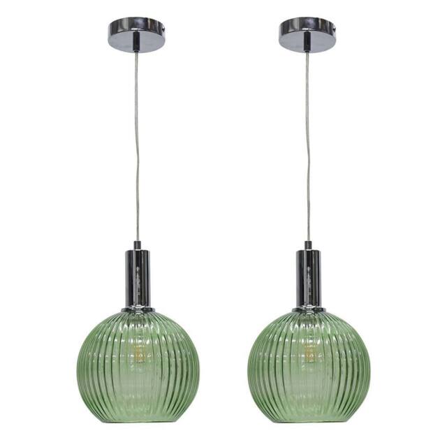 First Choice Lighting Set of 2 Betchley - Green Ribbed Glass Globe Chrome Deco Pendants - image 1