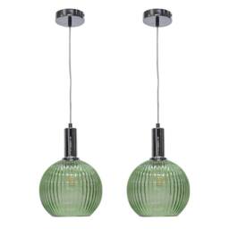 First Choice Lighting Set of 2 Betchley - Green Ribbed Glass Globe Chrome Deco Pendants