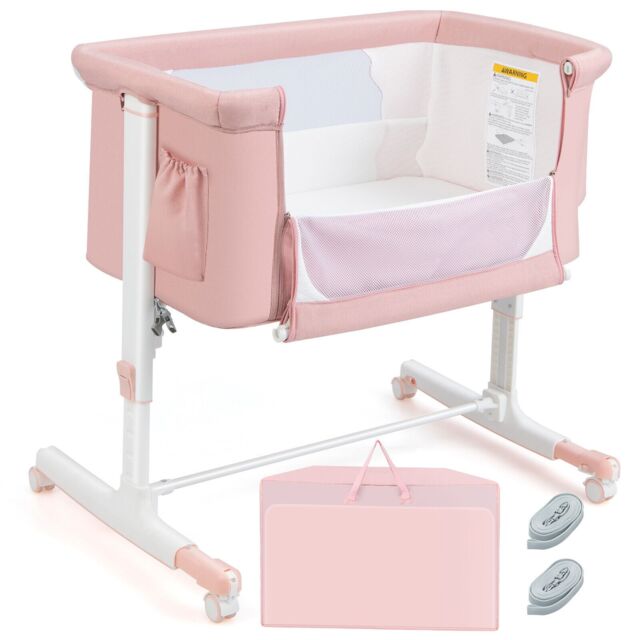 Costway 3-in-1 Baby Beside Crib Height & Angle Adjustable Side Bassinet w/ Lockable Wheel in Pink - image 1
