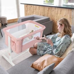 Costway 3-in-1 Baby Beside Crib Height & Angle Adjustable Side Bassinet w/ Lockable Wheel in Pink - thumbnail 4