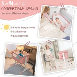 Costway 3-in-1 Baby Beside Crib Height & Angle Adjustable Side Bassinet w/ Lockable Wheel in Pink - thumbnail 5