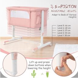 Costway 3-in-1 Baby Beside Crib Height & Angle Adjustable Side Bassinet w/ Lockable Wheel in Pink - thumbnail 6
