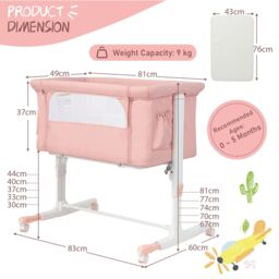 Costway 3-in-1 Baby Beside Crib Height & Angle Adjustable Side Bassinet w/ Lockable Wheel in Pink - thumbnail 2