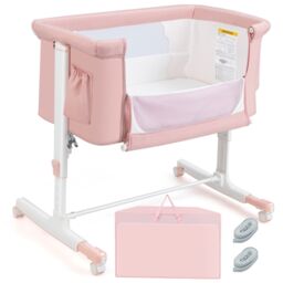 Costway 3-in-1 Baby Beside Crib Height & Angle Adjustable Side Bassinet w/ Lockable Wheel in Pink - thumbnail 1