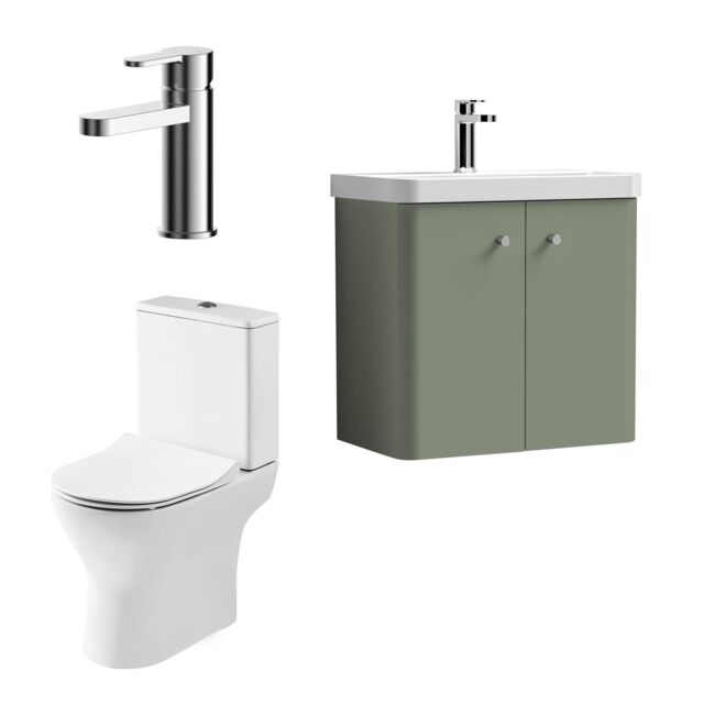 Balterley Wall Hung 2 Door Bathroom Vanity Unit, Tap & Toilet Pack, Green, 579mm in Green - image 1