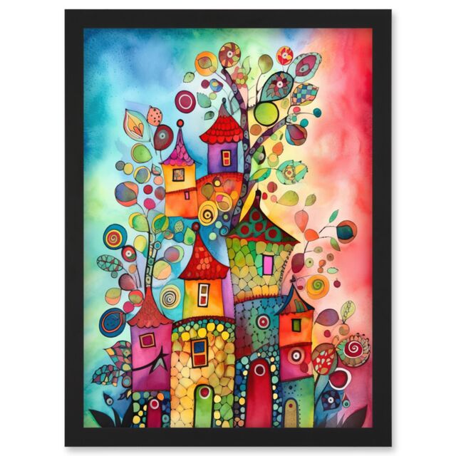Artery8 Country Houses Concept Folk Art Watercolour Painting Artwork Framed Wall Art Print A4 in Black - image 1