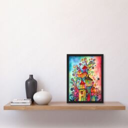 Artery8 Country Houses Concept Folk Art Watercolour Painting Artwork Framed Wall Art Print A4 in Black - thumbnail 2
