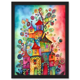 Artery8 Country Houses Concept Folk Art Watercolour Painting Artwork Framed Wall Art Print A4 in Black - thumbnail 1