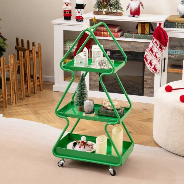 Costway Christmas Tree Storage Cart 3-Tier Rolling Xmas Cart w/Topper Star in Green - image 1