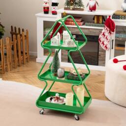 Costway Christmas Tree Storage Cart 3-Tier Rolling Xmas Cart w/Topper Star in Green - thumbnail 1