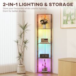 HOMCOM RGB LED Floor Lamp with Shelves & Remote Control for Living Room in Dark Brown - thumbnail 5