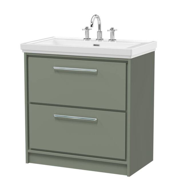 Balterley Bathroom Floor 2-Drawer Vanity Unit with Fireclay Basin, Green, 800mm in Green - image 1