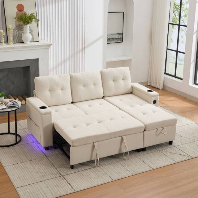 Matteo L-Shaped 3 Seater Pull Out Sofa Bed with Storage, USB & LED - Beige - image 1