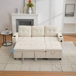 Matteo L-Shaped 3 Seater Pull Out Sofa Bed with Storage, USB & LED - Beige - thumbnail 5