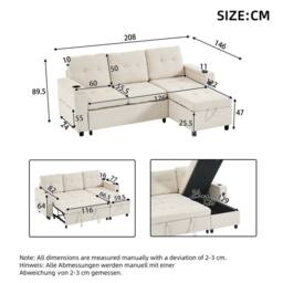 Matteo L-Shaped 3 Seater Pull Out Sofa Bed with Storage, USB & LED - Beige - thumbnail 7