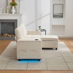 Matteo L-Shaped 3 Seater Pull Out Sofa Bed with Storage, USB & LED - Beige - thumbnail 6