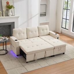 Matteo L-Shaped 3 Seater Pull Out Sofa Bed with Storage, USB & LED - Beige