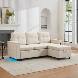 Matteo L-Shaped 3 Seater Pull Out Sofa Bed with Storage, USB & LED - Beige - thumbnail 4