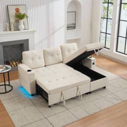 Matteo L-Shaped 3 Seater Pull Out Sofa Bed with Storage, USB & LED - Beige - thumbnail 2